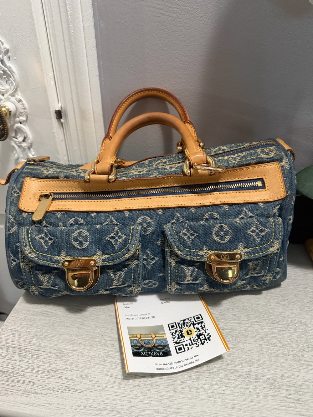 Louis Vuitton Blue Denim Monogram Duffel with Tan Leather Trim